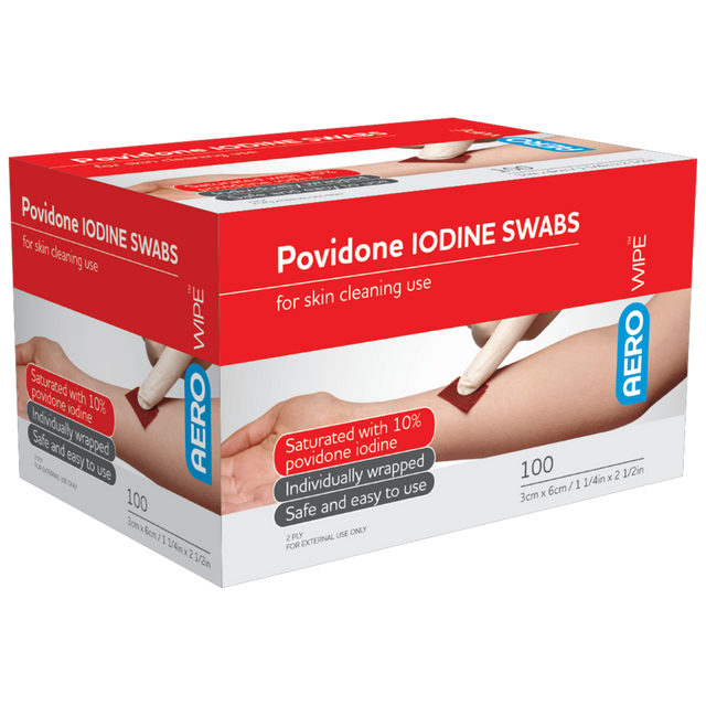 Povidone Iodine Swabs Box 100-Antiseptic Spray-AERO-Assurance Training and Sales