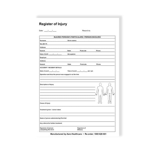 Register of Injuries Pad-First Aid Kit Construction-AERO-Assurance Training and Sales